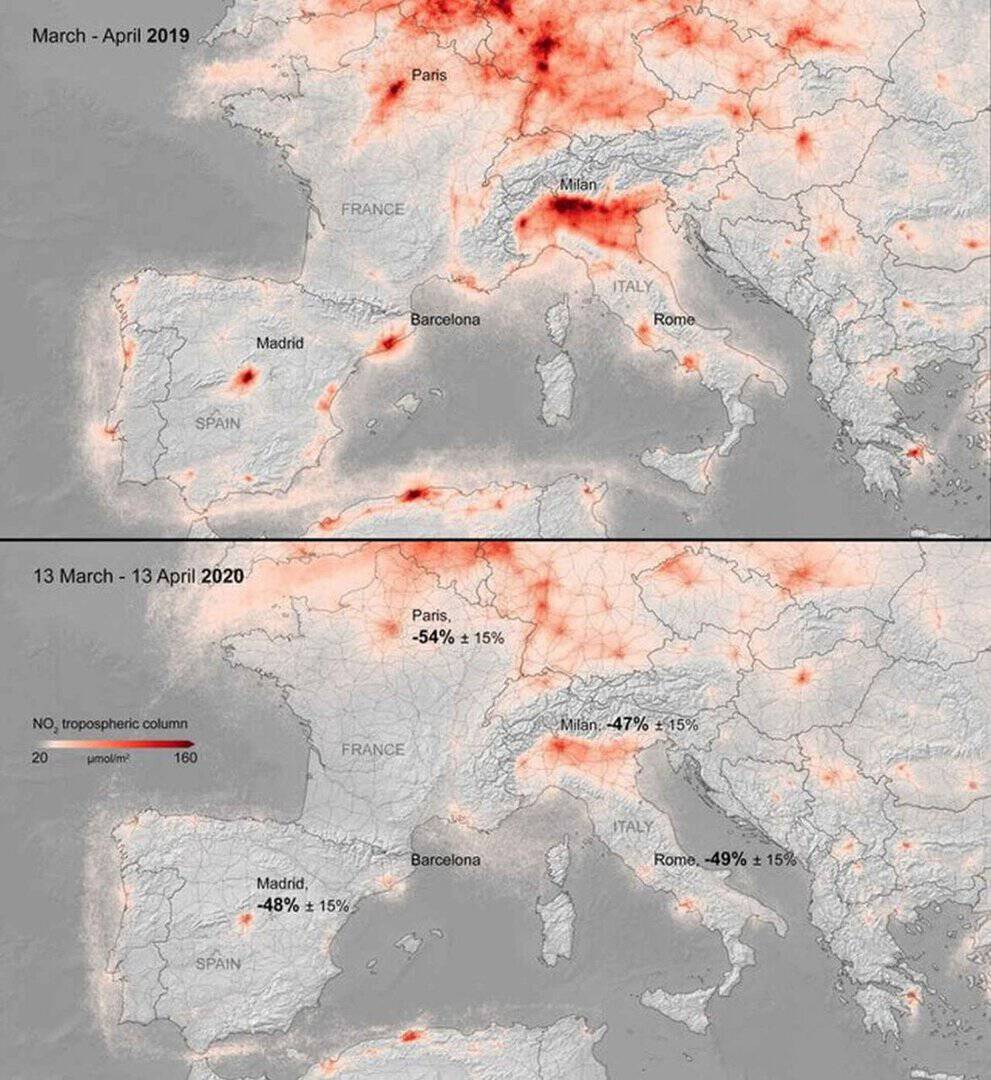 Coronavirus, l’inquinamento si riduce della metà per il lockdown in Europa