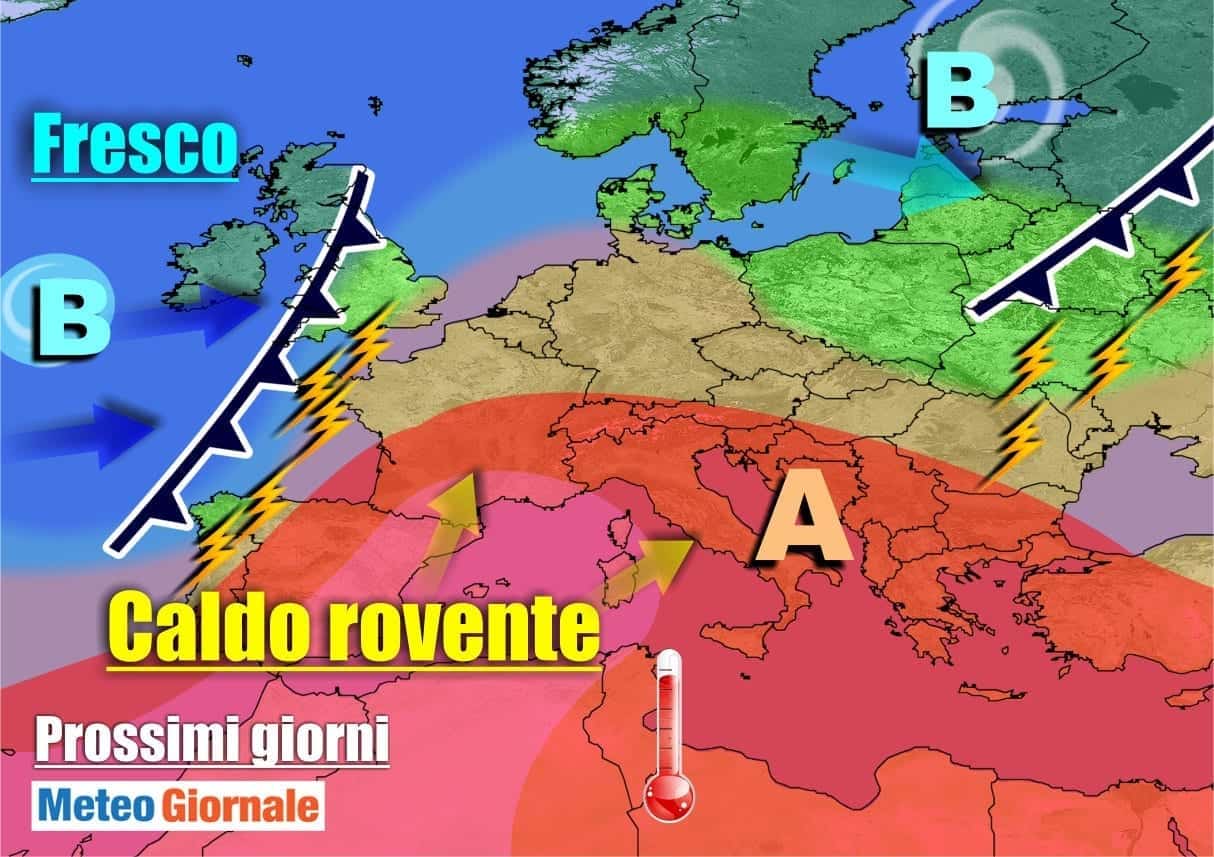 METEO prossimi giorni CALDISSIMO con afa terribile prima di forti TEMPORALI