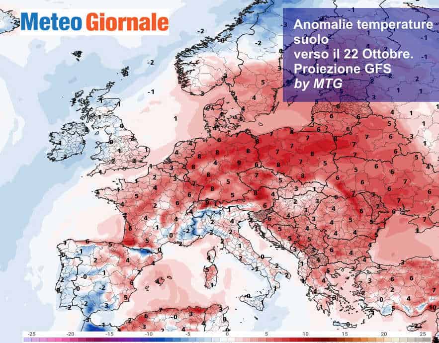 Andamento temperature al suolo rispetto alla norma per giovedì 22 Ottobre