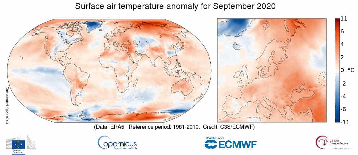 Anomalia della temperatura dell'aria superficiale per settembre 2020 rispetto alla media di settembre per il periodo 1981-2010. Fonte dati: ERA5