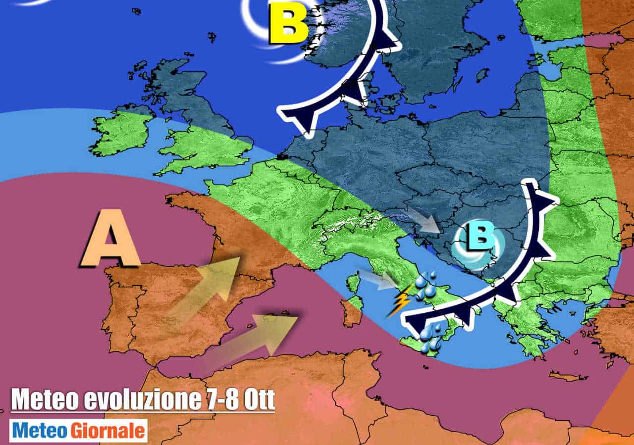 Evoluzione meteo mercoledì 7 Ottobre, con il fronte in transito sull'Italia