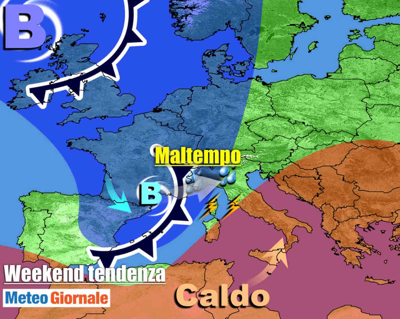 La traccia del peggioramento previsto nel weekend