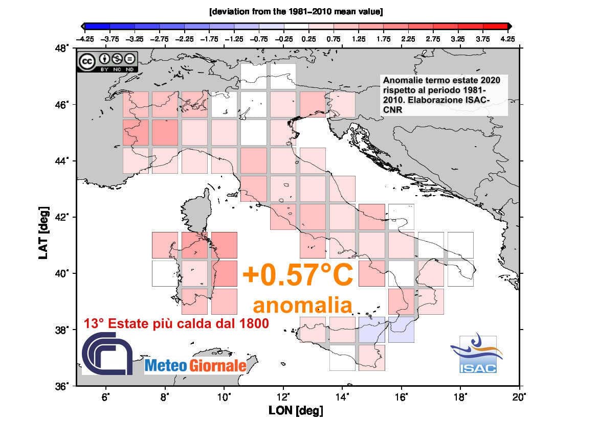 Le anomalie termiche dell'estate, da giugno ad agosto, sulla base dei dati Isac-CNR