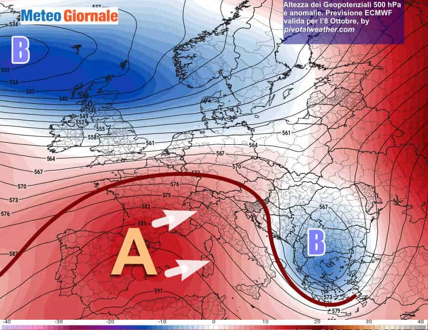 Analisi odierna che mostra l'anticiclone mite avanzare sull'Italia.