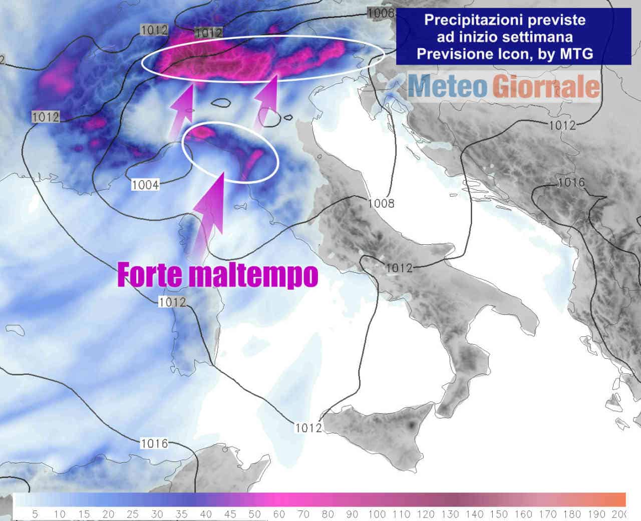 Meteo, cattiva PERTURBAZIONE  con rischio NUBIFRAGI ad inizio settimana