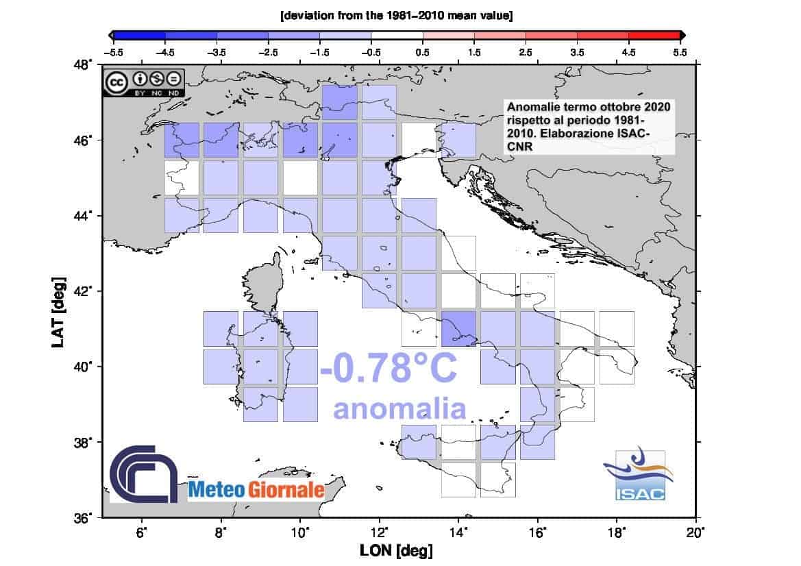 Anomalie termiche di ottobre 2020 rispetto al periodo 1981-2010