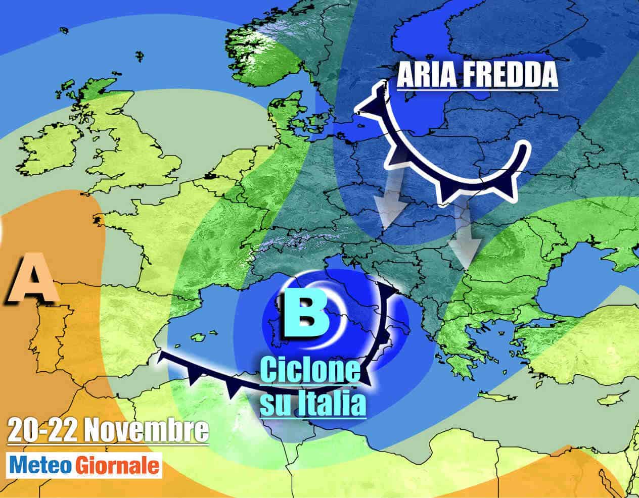 Il ciclone sull'Italia tra venerdì e sabato, alimentato da aria polare