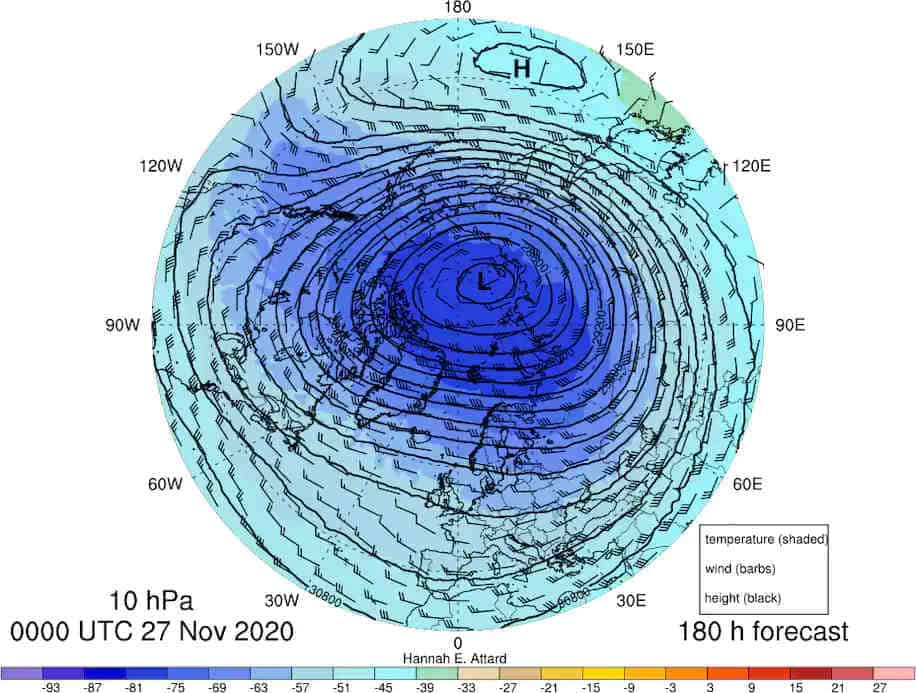 Una simulazione delle temperature dell'aria nel vortice polare stratosferico alla fine di novembre. Il Vortice appare molto compatto e freddo