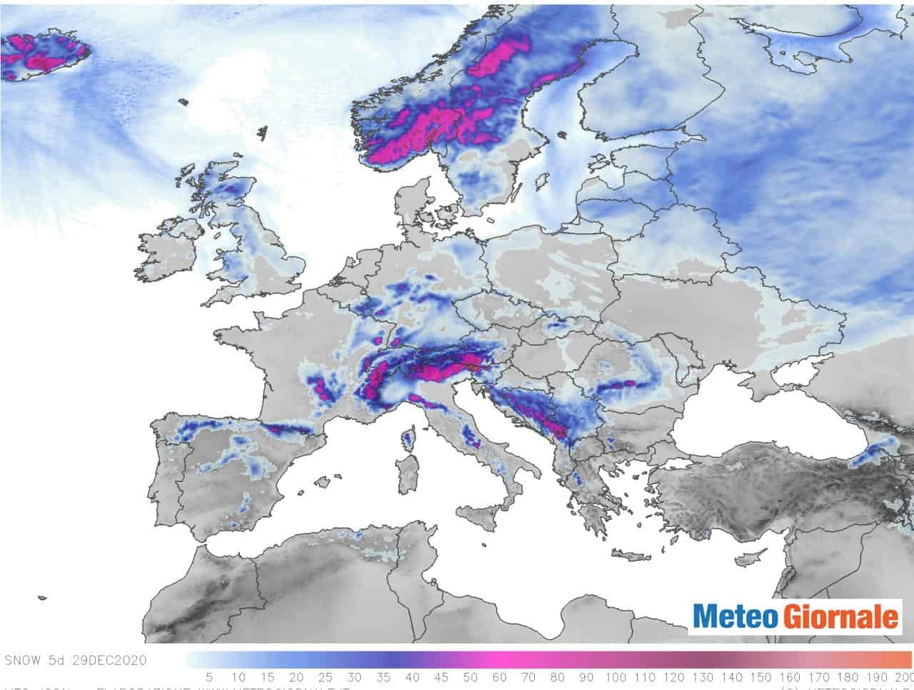 Mappe meteo previsione neve Europa.