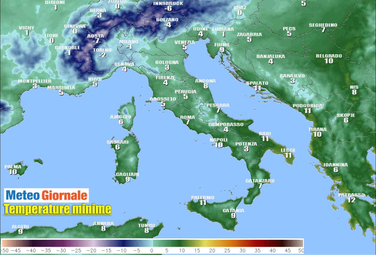 Meteo per domani: temperature minime in Italia