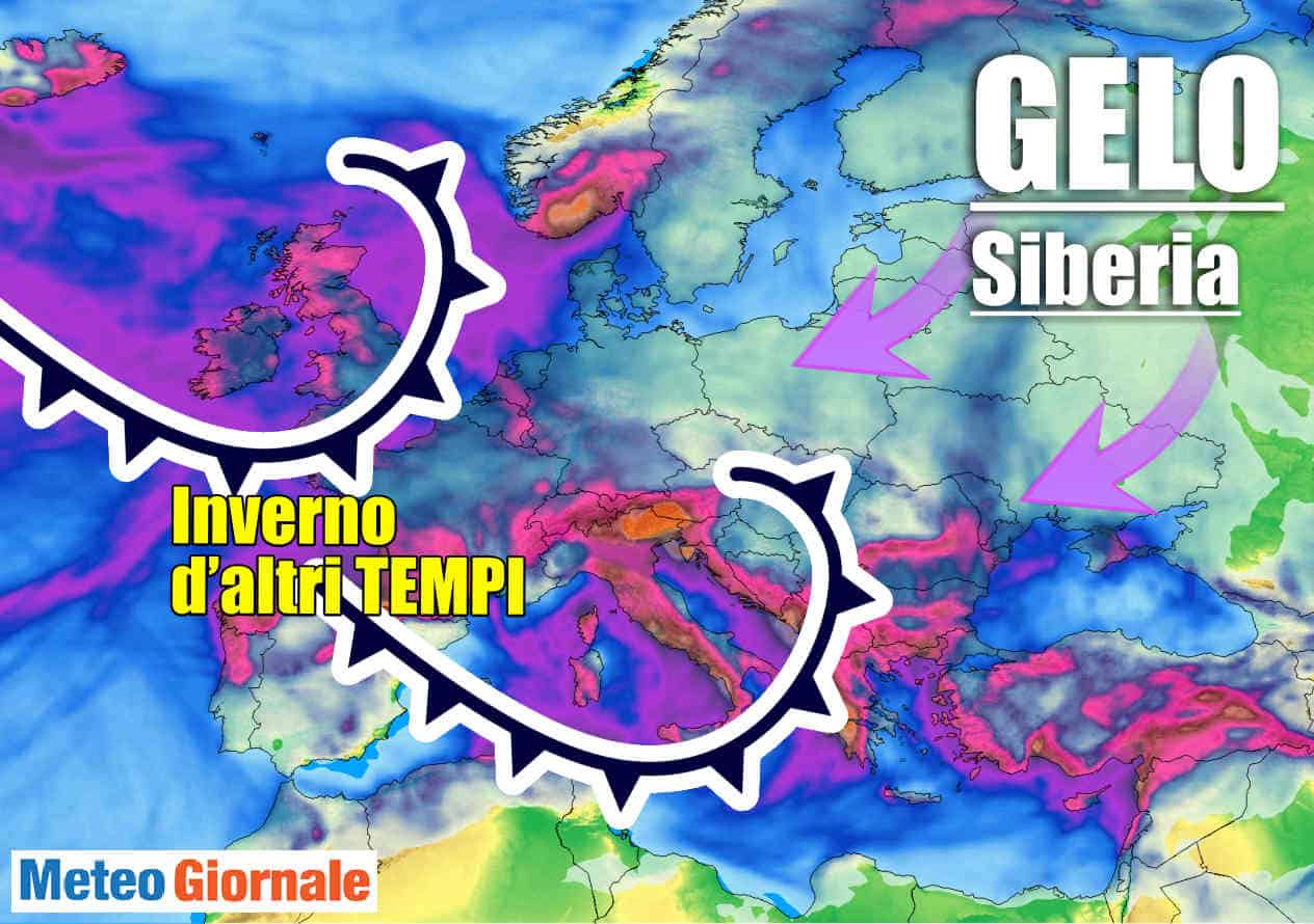 Meteo invernale d'altri tempi. Nella mappa osserviamo le maggiori precipitazioni in viola.