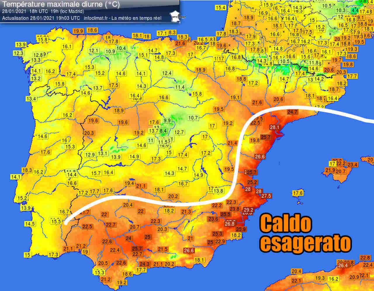 Le temperature altissime misurate giovedì 28 Gennaio in alcune località della Spagna