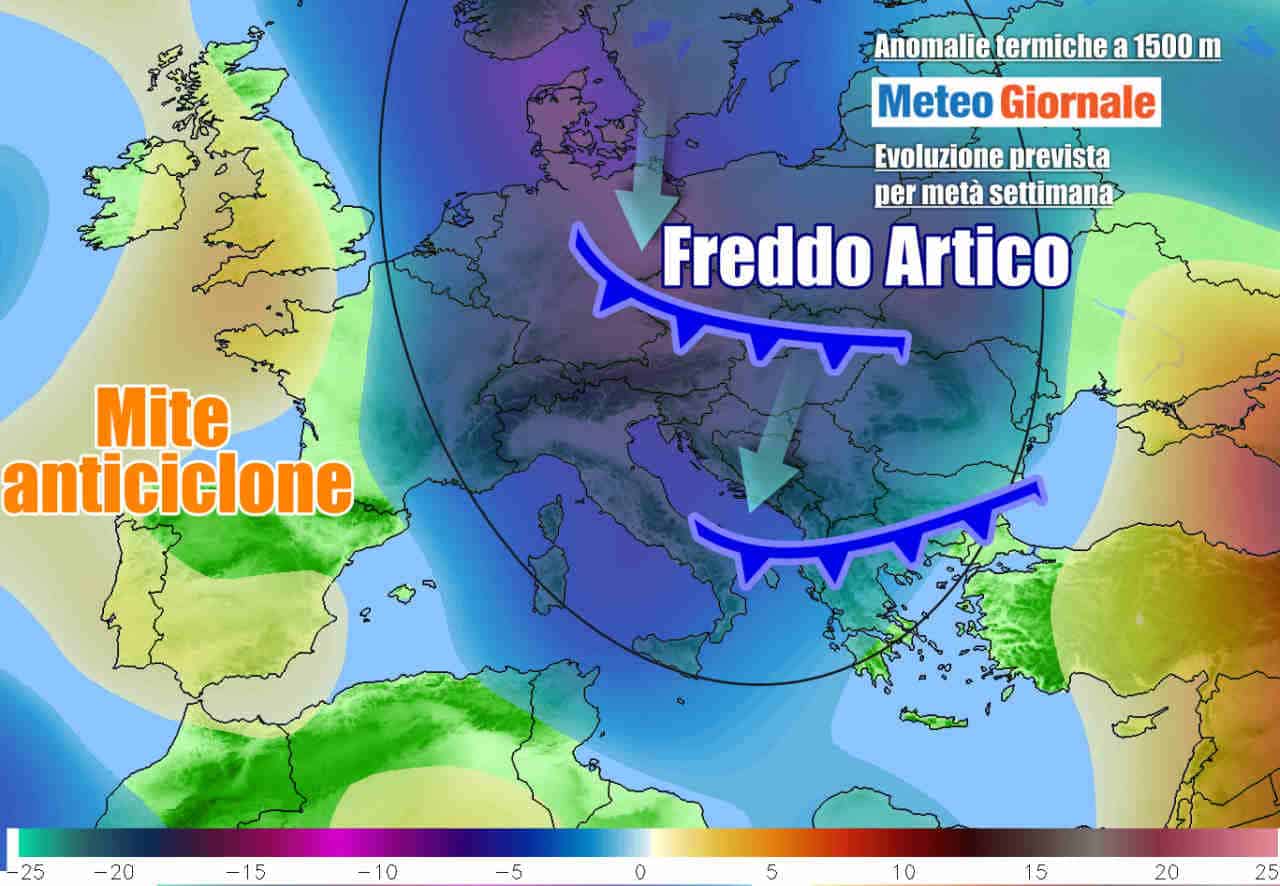 Le anomalie termiche previste a metà della prossima settimana