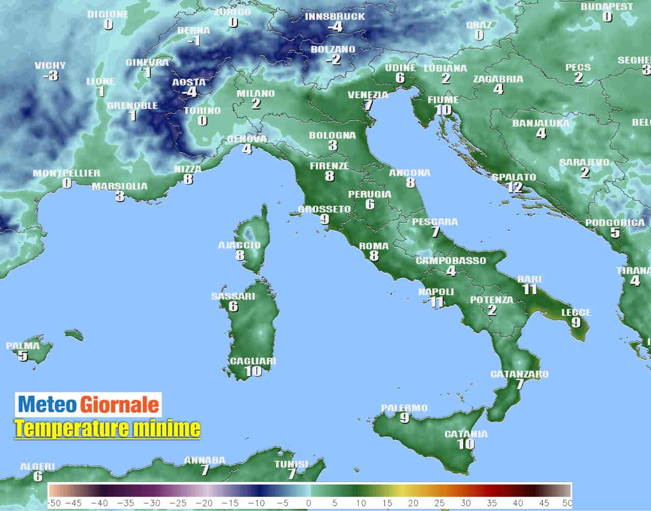 Le temperature minime in Italia. Gelate notturne, freddo invernale