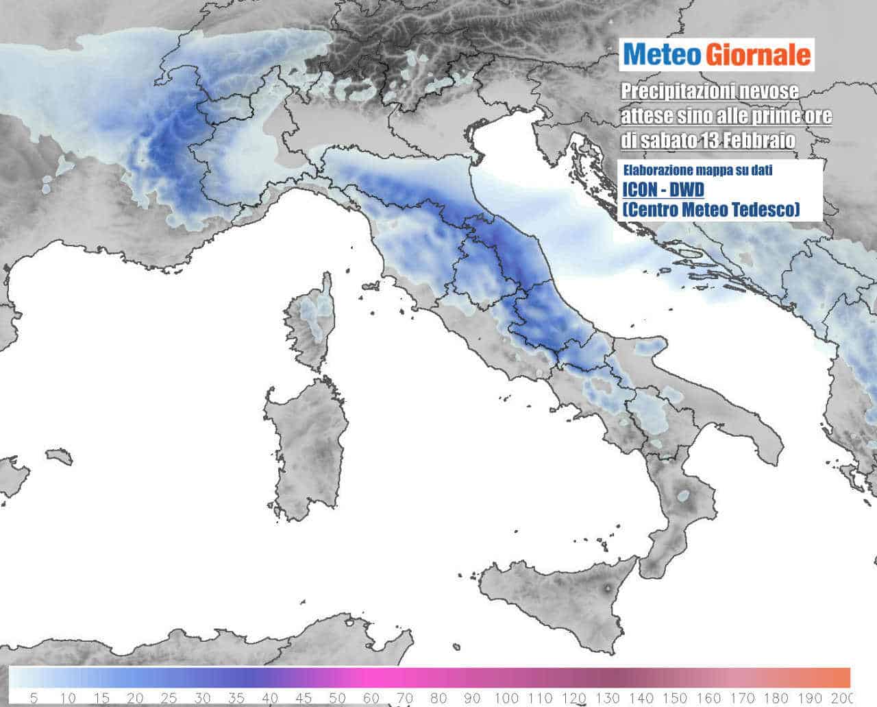 La distribuzione delle precipitazioni nevose previste sino alle prime ore di sabato. Dati Icon