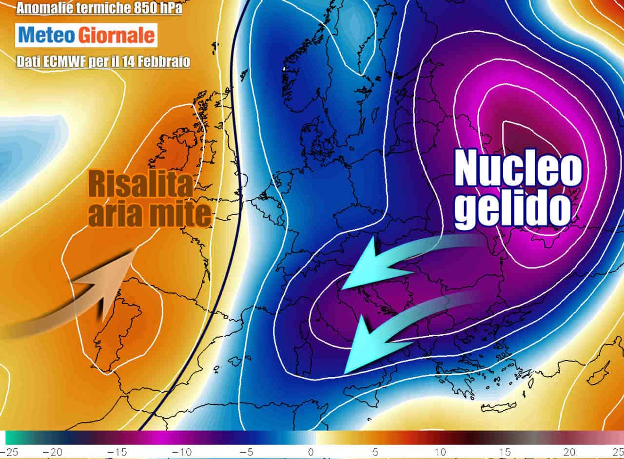 Le anomalie termiche previste tra sabato e domenica, con ingerenza decisa del freddo russo sull'Italia