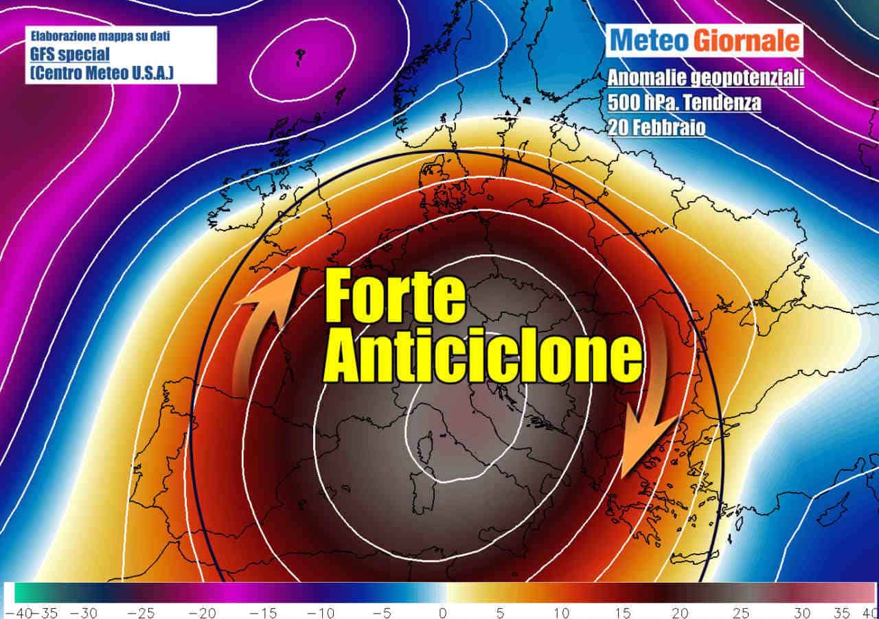 Arriva l'anticiclone, che potrebbe durare a lungo, come in questa ipotesi di tendenza prospettata da GFS per il 20 Febbraio