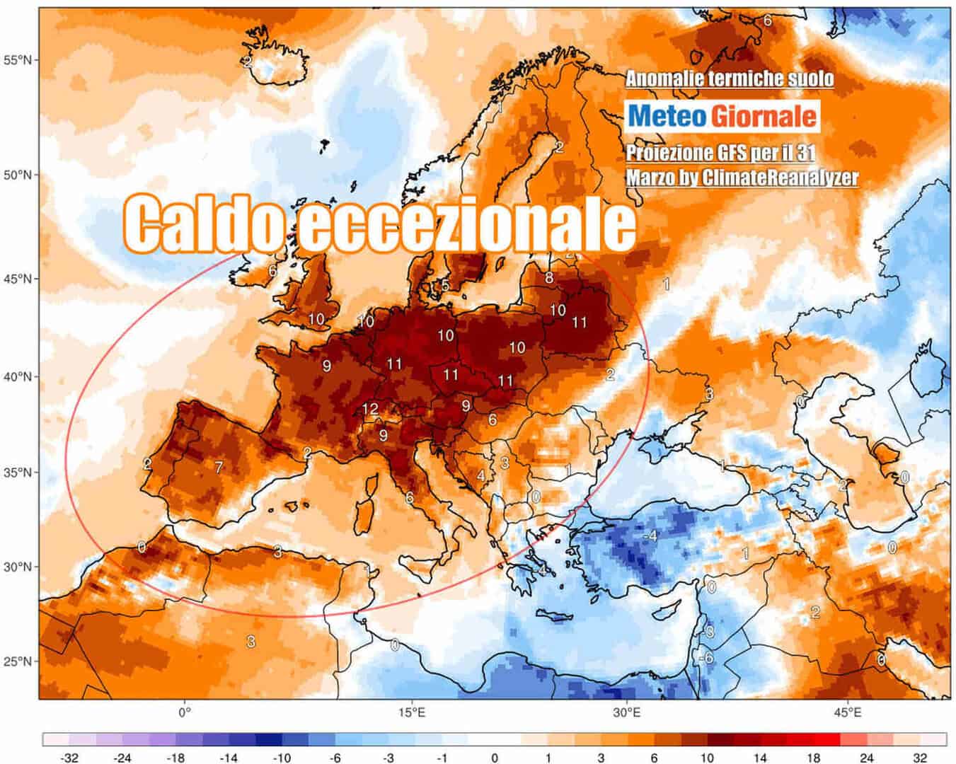 Temperature roventi per il periodo in Europa anche nella giornata di oggi, 31 marzo. La mappa evidenzia le anomalie climatologiche e spicca il gran caldo in gran parte d'Europa