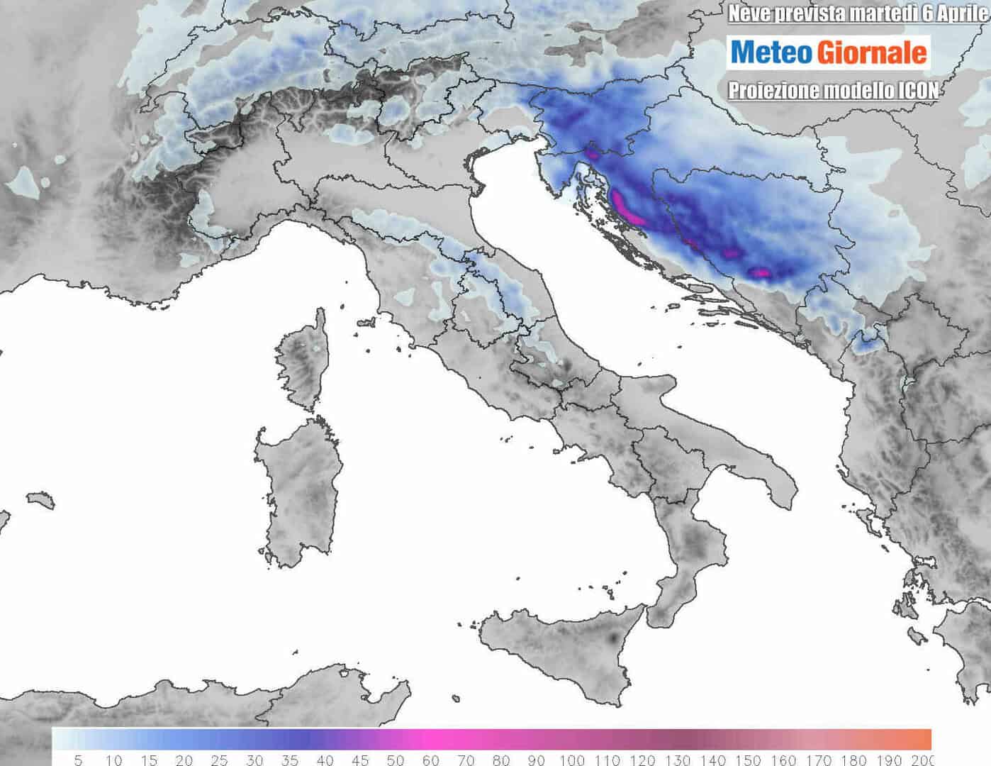 Le nevicate attese nel corso di martedì 6 Aprile