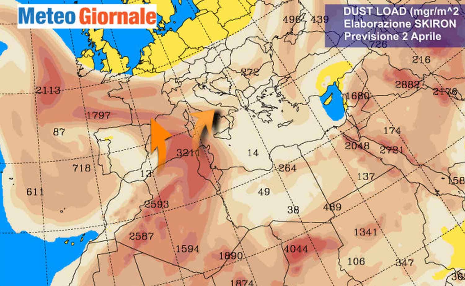 La concentrazione di polveri attesa per il 2 aprile, secondo Università di Atene