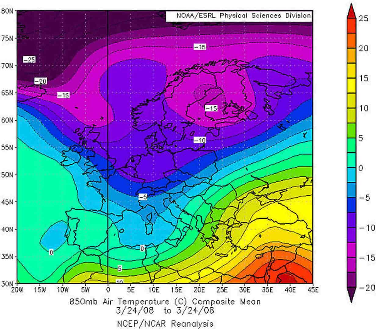Le isoterme ad 850 hPa del 24 marzo 2008, giornata di Pasquetta. Fonte NOAA/ESRL