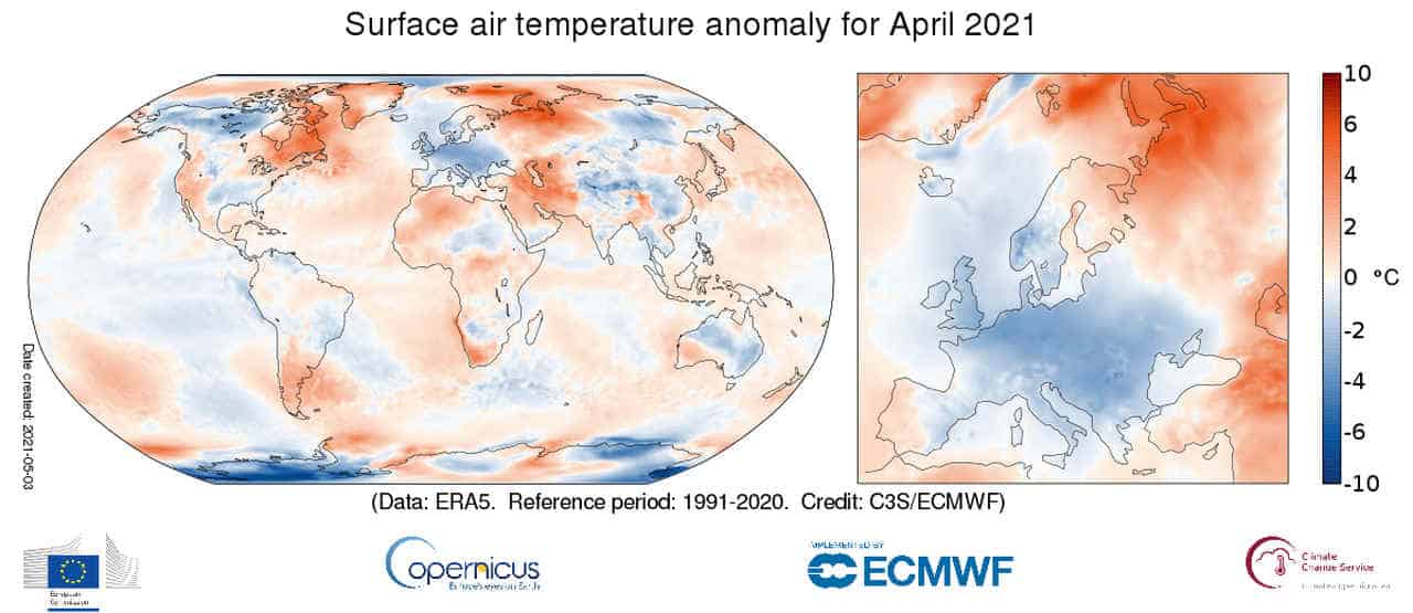Aprile freddo in Europa, ma non sul resto del Pianeta