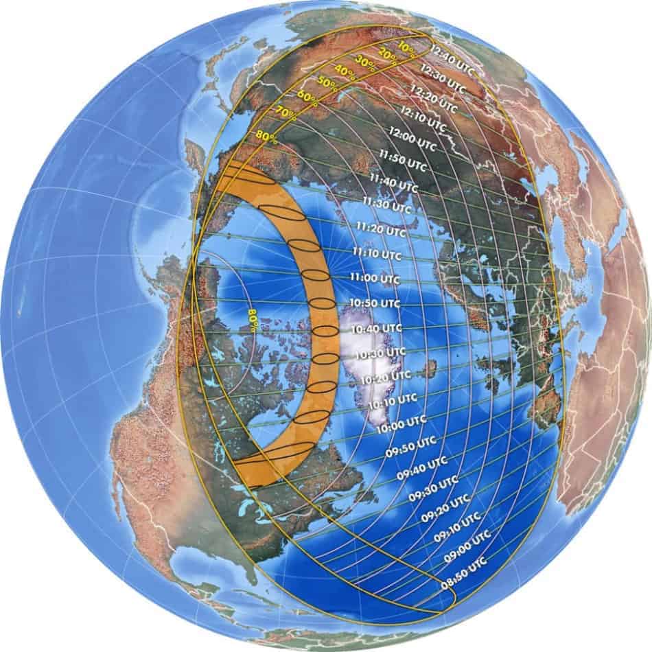 Questo grafico mostra l'estensione dell'eclissi solare anulare del 10 giugno 2021.  (Credito immagine: Michael Zeiler, GreatAmericanEclipse.com)