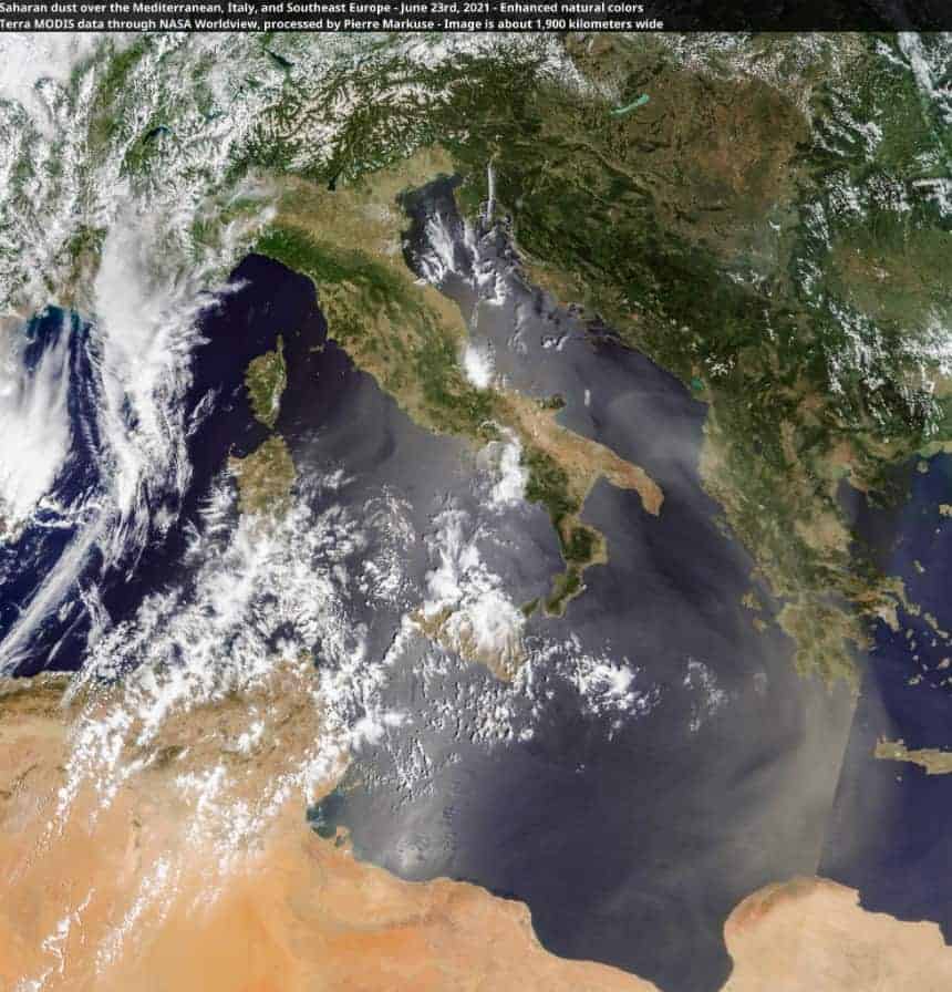 Nube di polvere del Sahara invade il Mediterraneo centro orientale e Italia