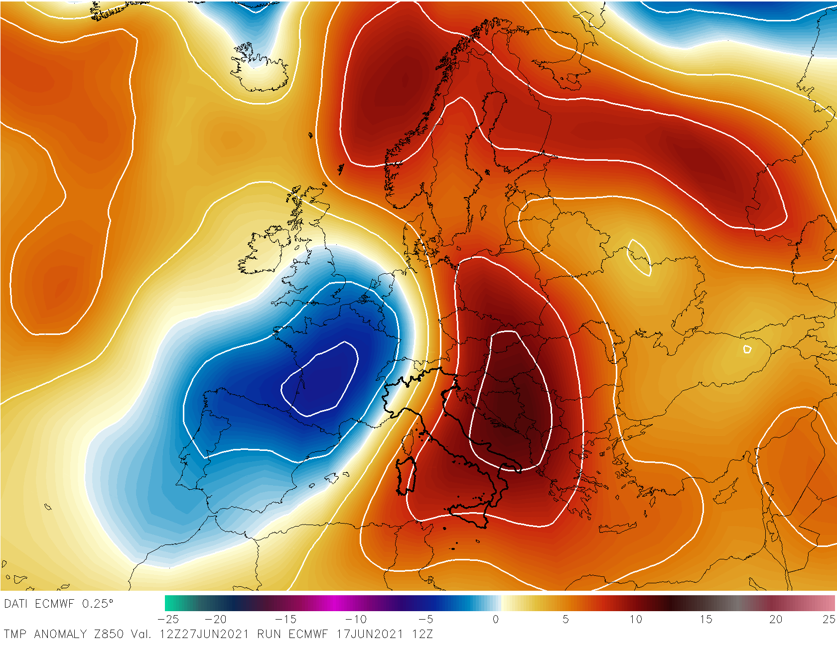 Anomalie a 850 hPa indicate dal Centro Meteo Europeo per il 27 Giugno.