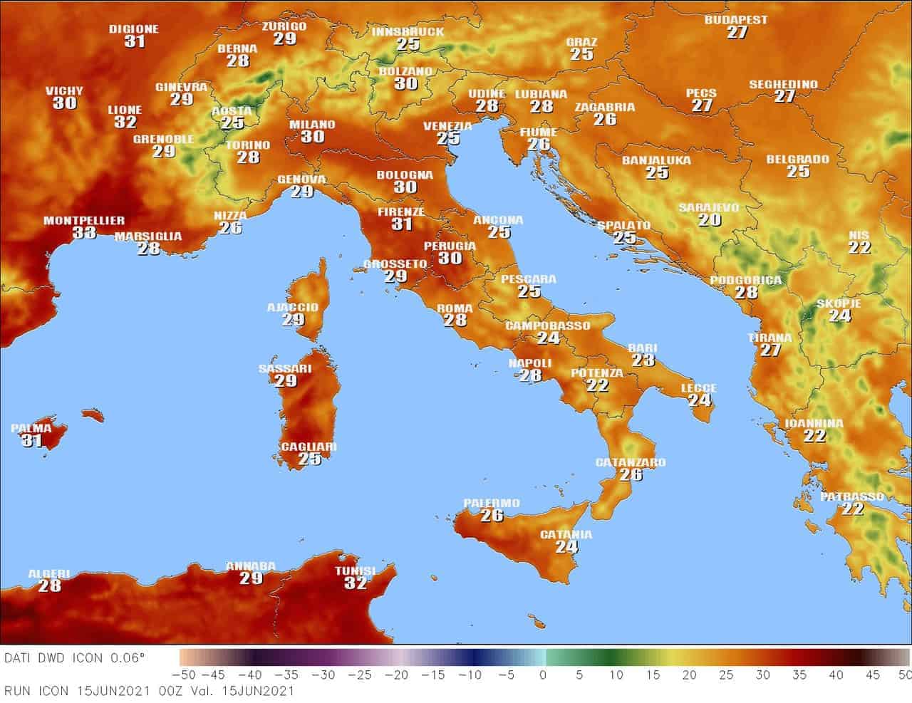 Temperature massime  per oggi in Italia.