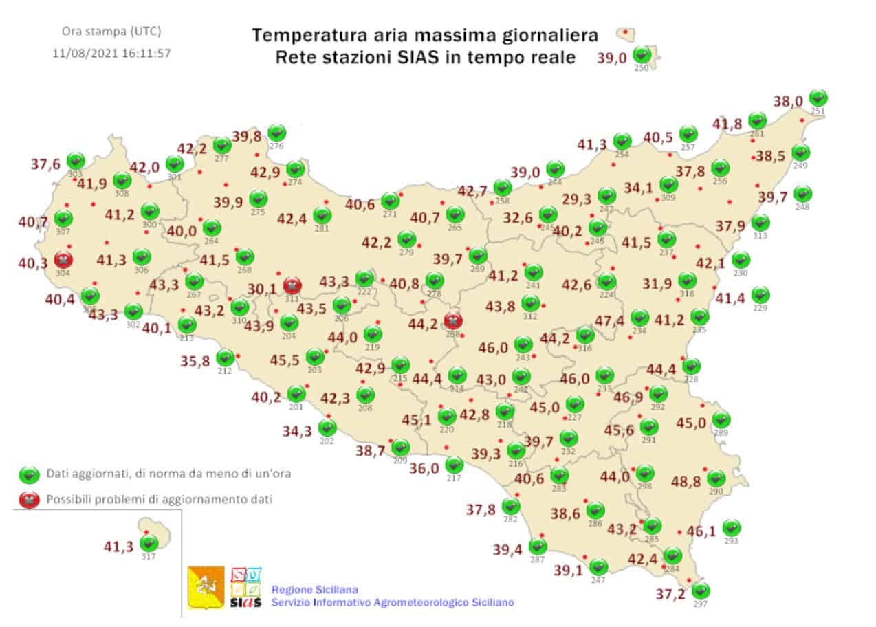 Temperature massime di oggi, della rete meteo di sias.regione.sicilia.it