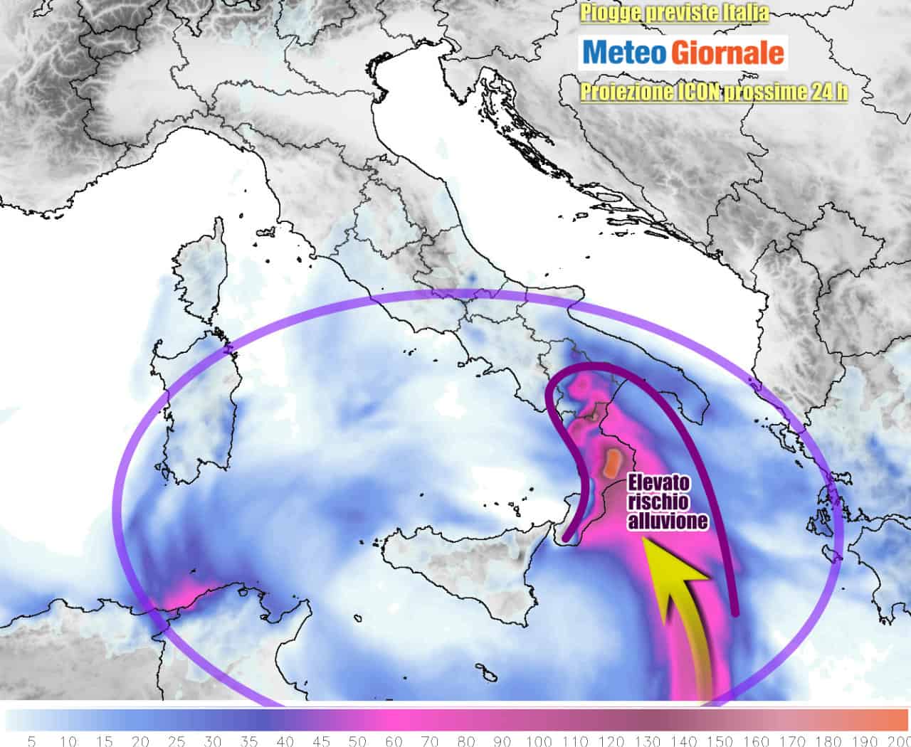 Quantitativi di pioggia spropositati attesi ancora nella fascia ionica del Sud Italia