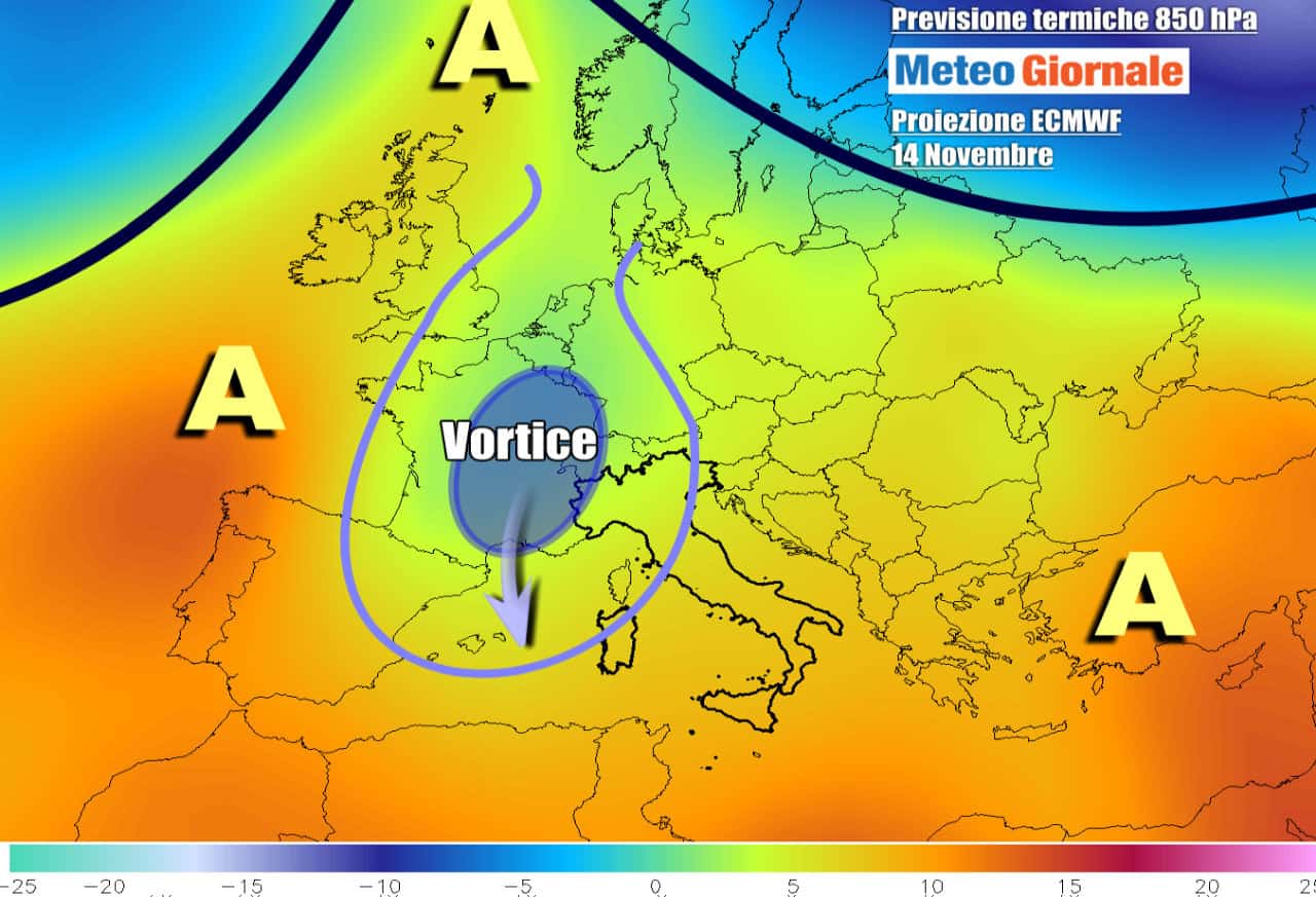 Vortice punta il Mediterraneo, ove si rinvigorirà una nuova area depressionaria