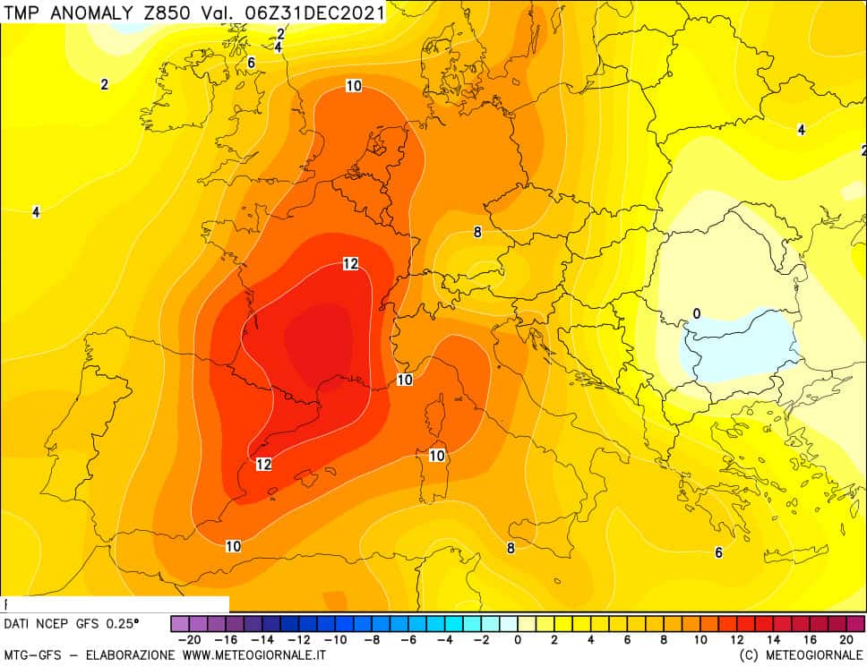Anomalia della temperatura a 850 hPa a Capodanno.