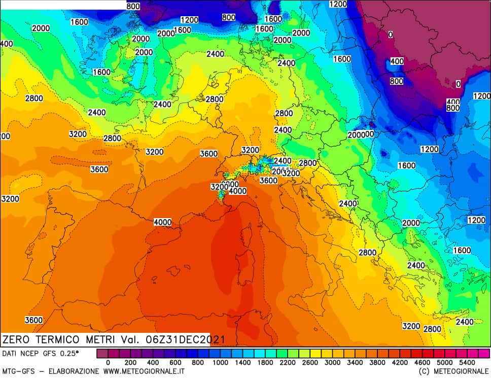 Altezza Zero Termico per Capodanno. Si noti il picco prospettato sino a 4000 metri nelle Alpi occidentali.