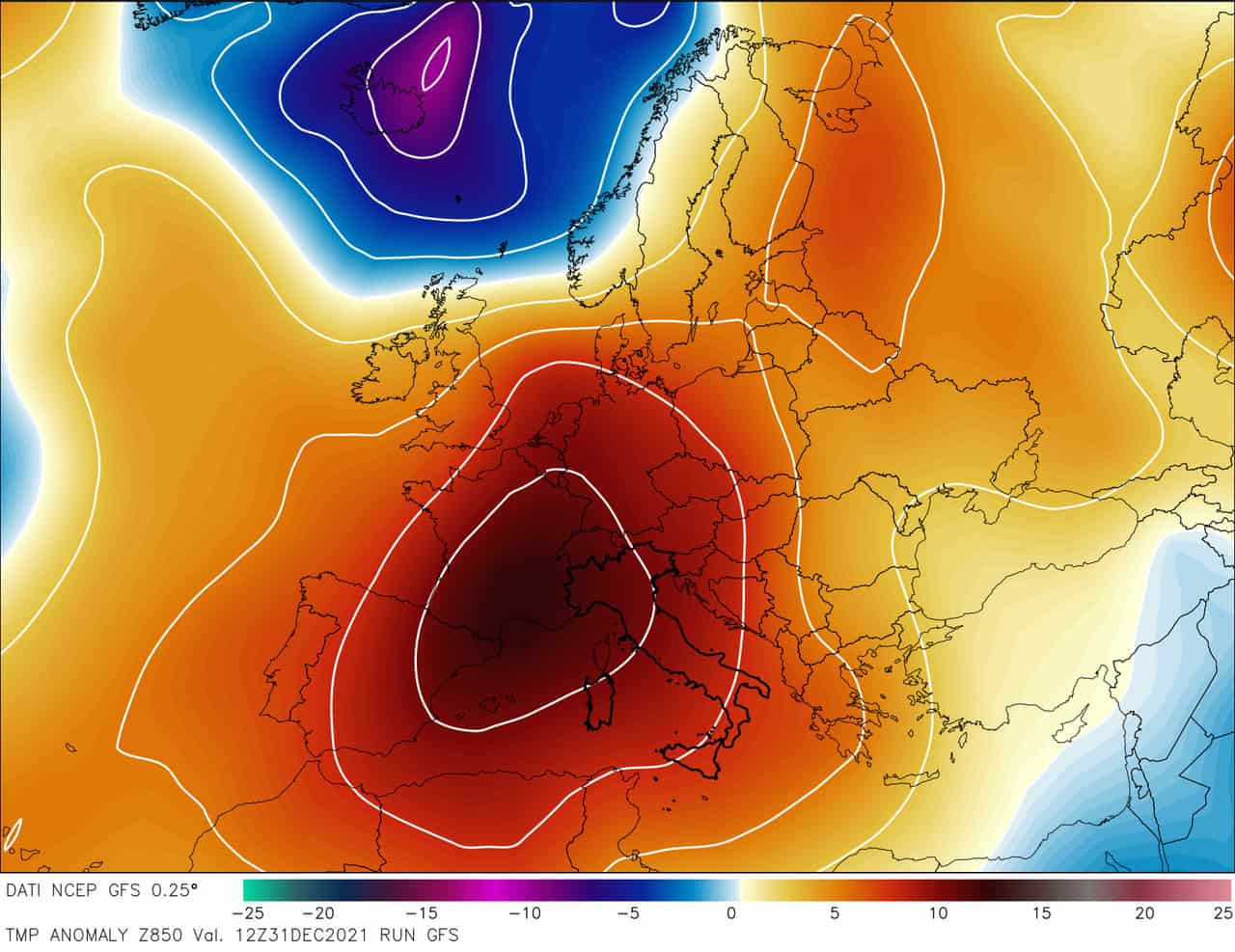 Anomalia alla quota di 850 hPa prevista per Capodanno. Si tratta di un'ondata di calore da record.