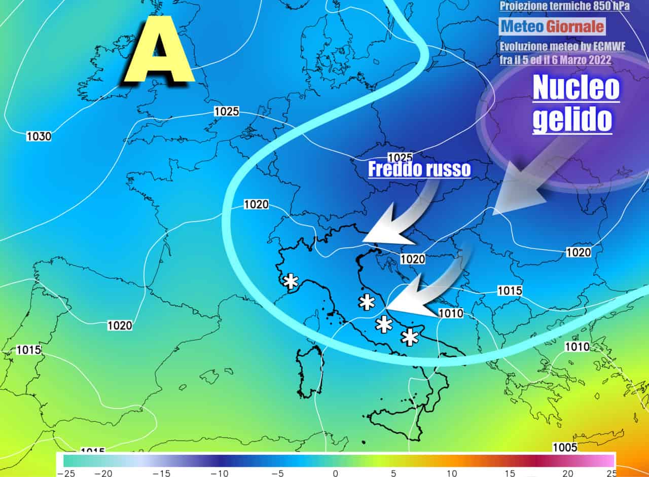 Proiezione del freddo atteso nel weekend