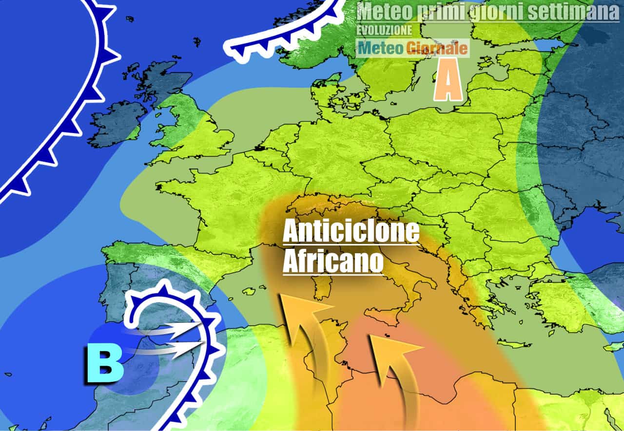 Anticiclone sull'Italia e Depressione sulla Spagna