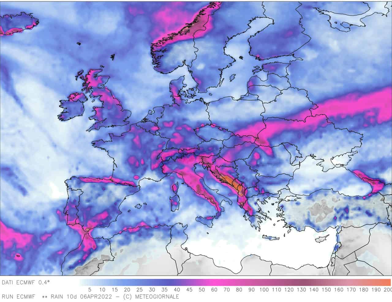 Centro Meteo Europeo, precipitazioni previste in un periodo di 10 giorni.