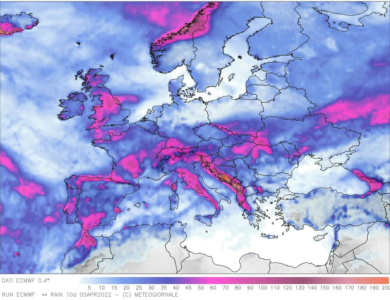 Previsione delle precipitazioni nell'arco temporale di 10 giorni da parte del centro meteo europeo.