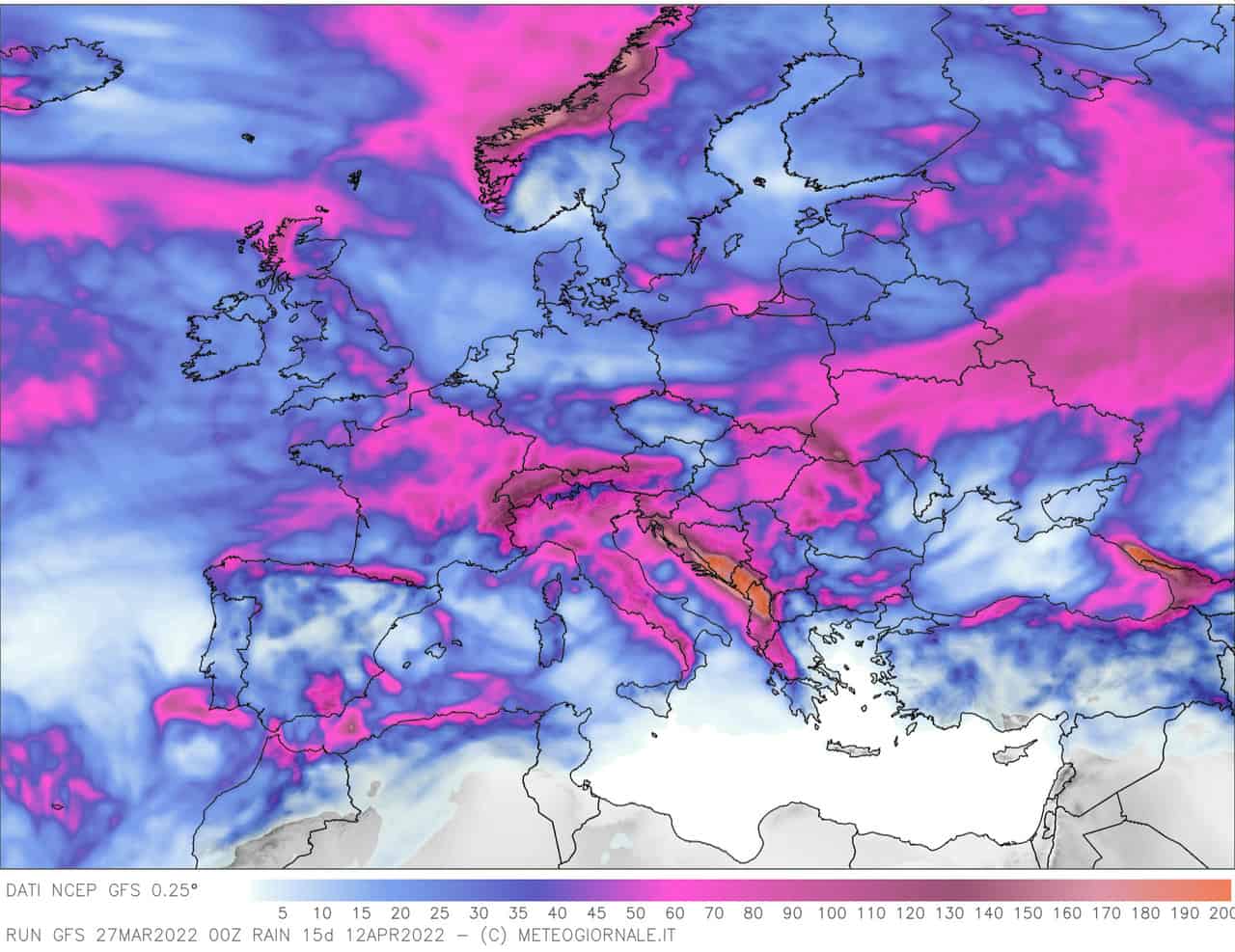 Centro Meteo Americano, precipitazioni previste in un periodo di 15 giorni.