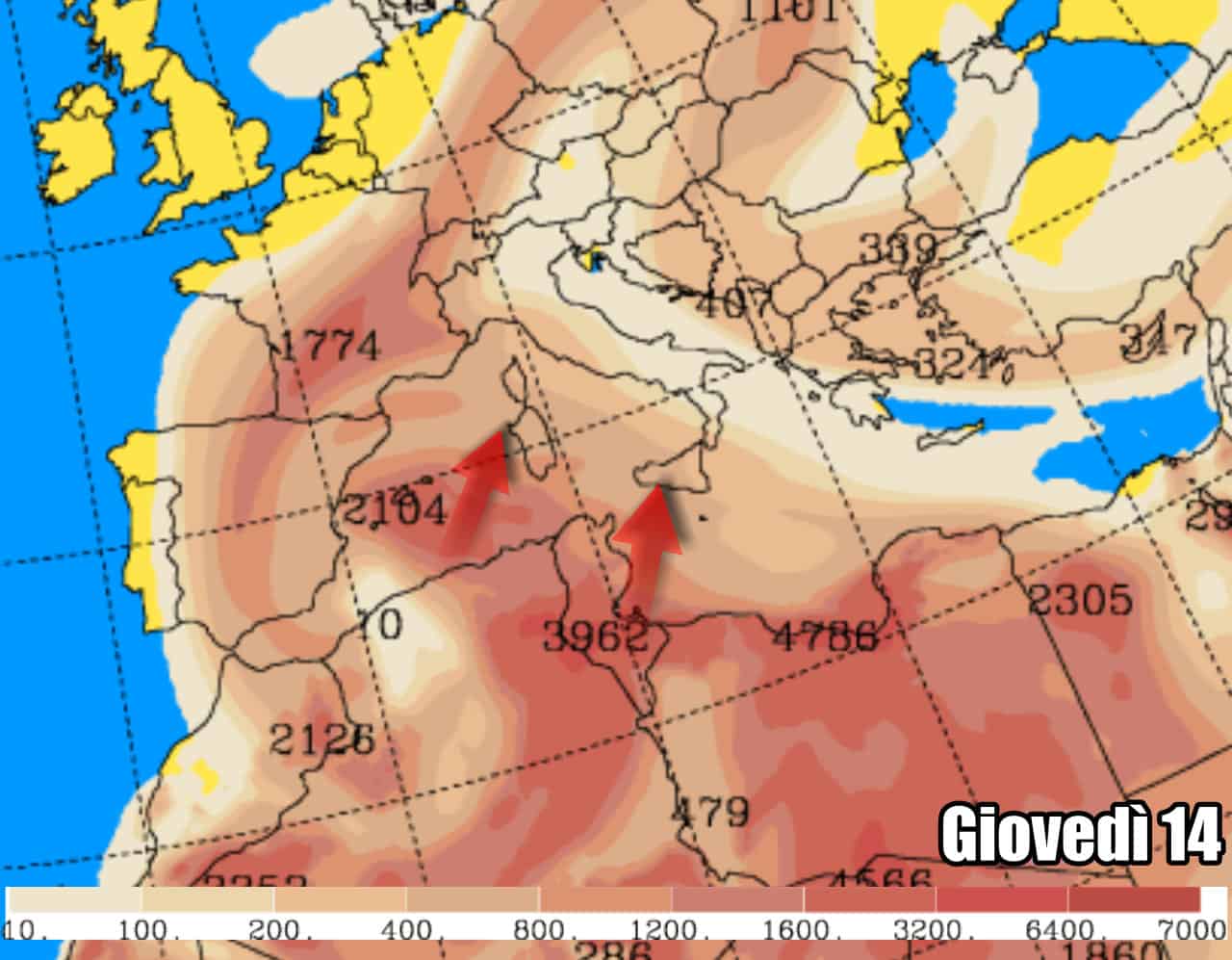 Sabbia verso l'Italia in aumento dopo metà settimana