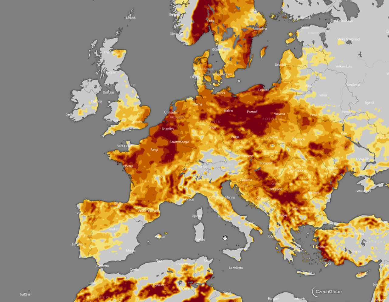 Mappa siccità Europa. Credit www.windy.com.