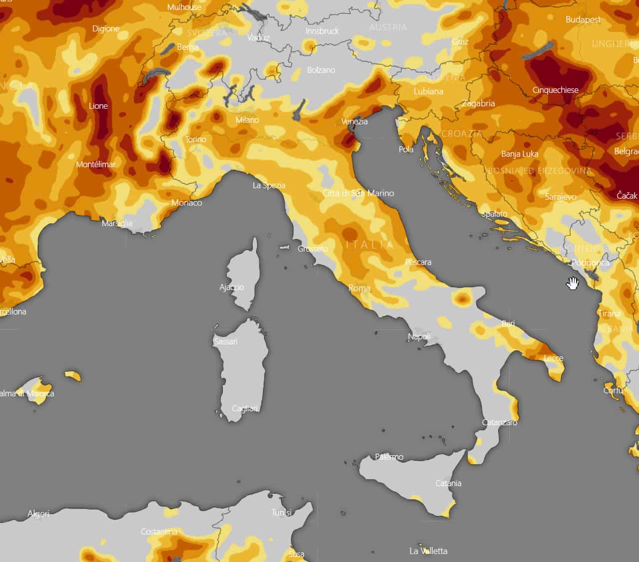 Mappa siccità Italia. Credit www.windy.com.