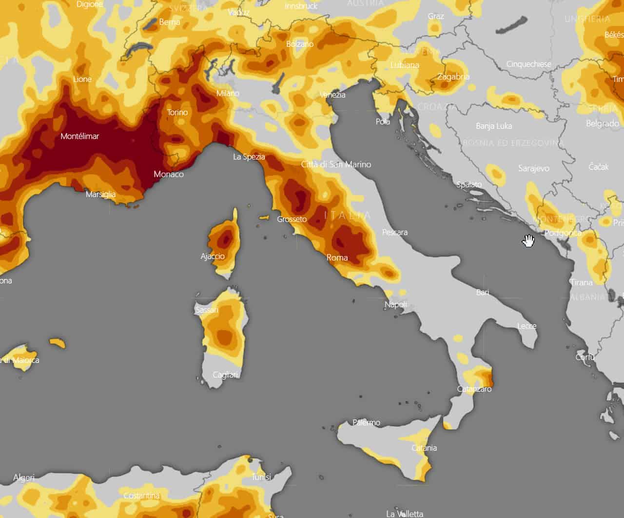 Livello di siccità nella prima parte di suolo, credit windy.com