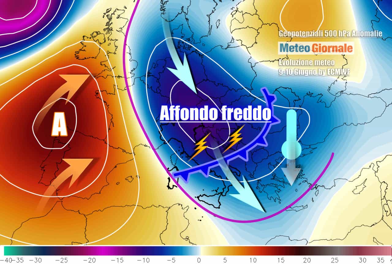 Arrivano temporali organizzati anche al Centro-Sud, con stop al caldo africano