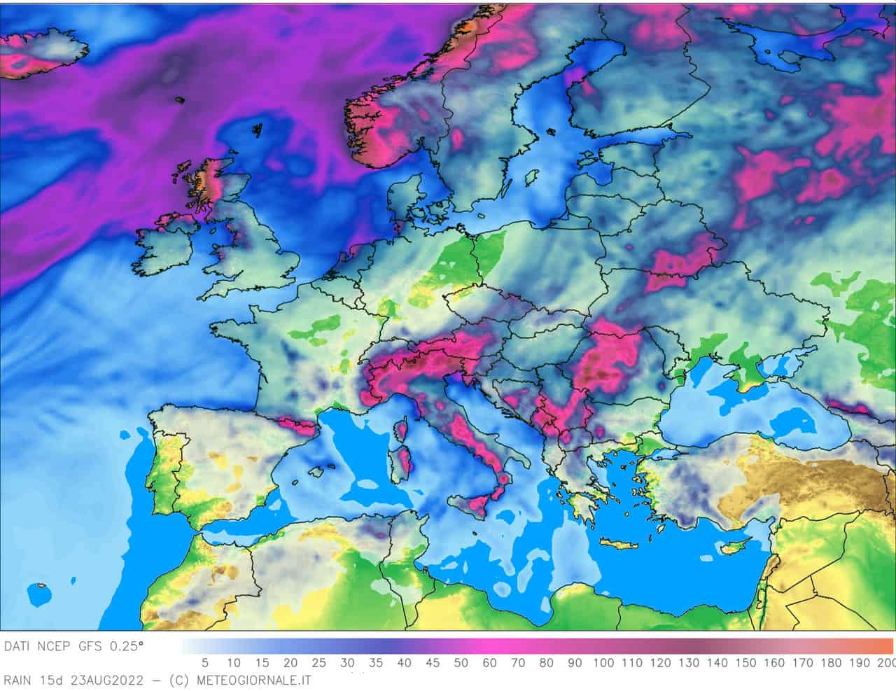 GFS piogge sino al 23 agosto 2022
