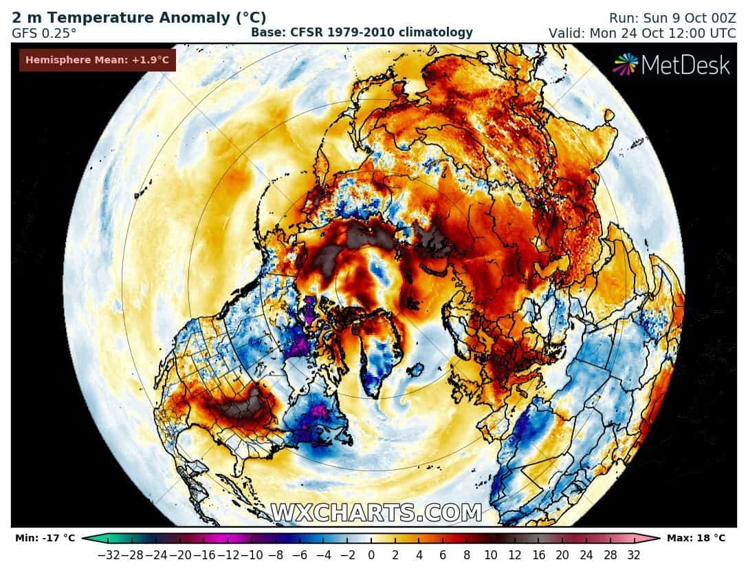 Anomalia della temperature a 2 metri nel nostro Emisfero. Credit www.wxcharts.com.