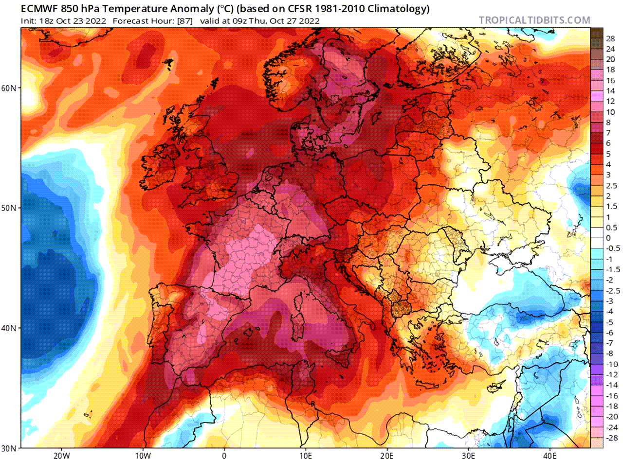 anomalia temperatura 850 hpa ecmwf 24102022