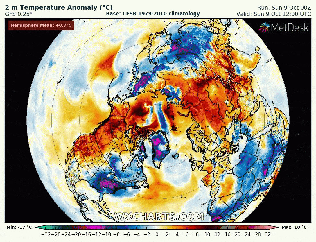 Animazione dell'anomalia della temperature a 2 metri nel nostro Emisfero. Credit www.wxcharts.com.